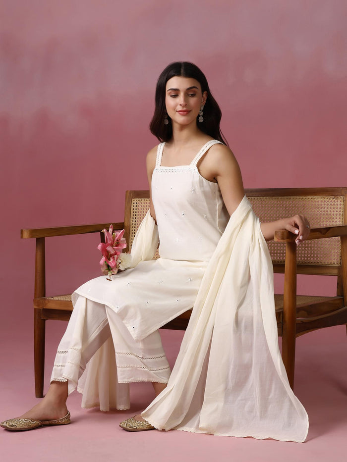 Women Cotton Off White Embroidered Kurta Comfort Pant With Dupatta.