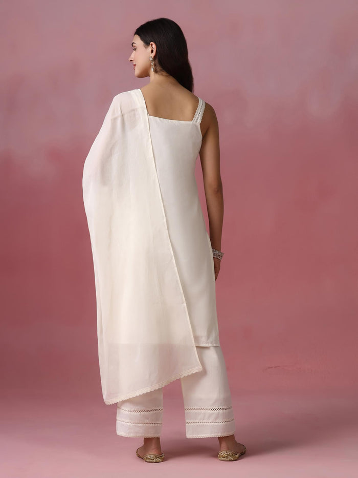 Women Cotton Off White Embroidered Kurta Comfort Pant With Dupatta.