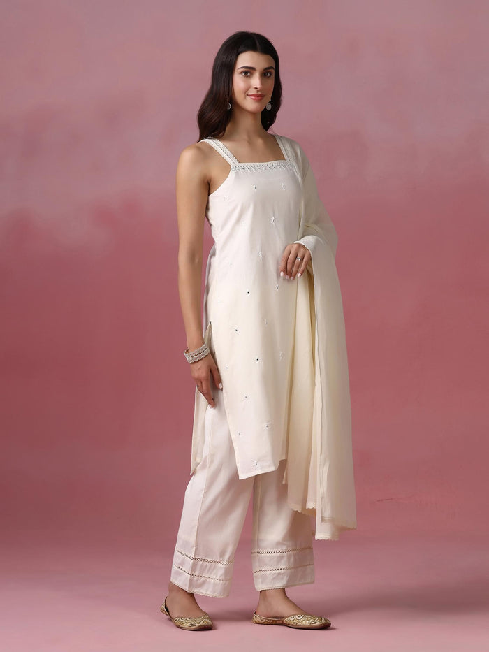 Women Cotton Off White Embroidered Kurta Comfort Pant With Dupatta.