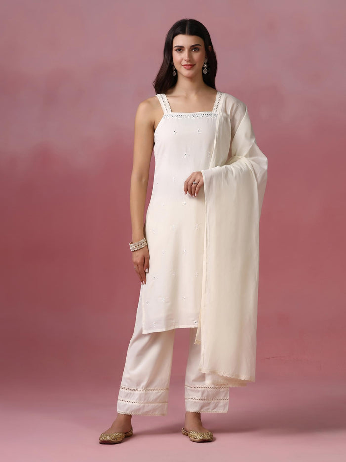 Women Cotton Off White Embroidered Kurta Comfort Pant With Dupatta.