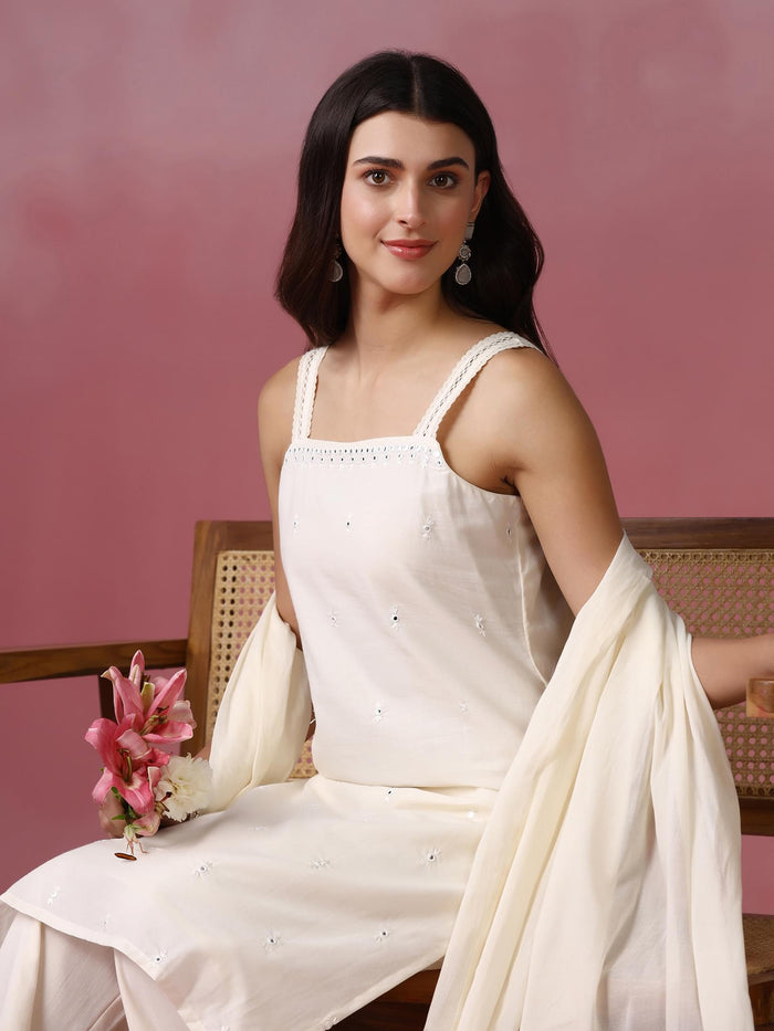 Women Cotton Off White Embroidered Kurta Comfort Pant With Dupatta.