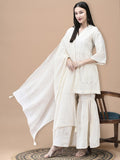 Women Cotton Off White Embroidered Kurta Sharara Dupatta.