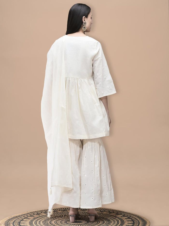 Women Cotton Off White Embroidered Kurta Sharara Dupatta.