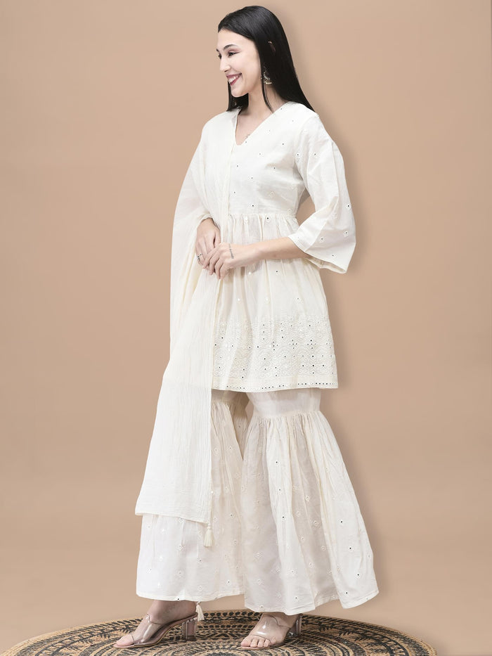 Women Cotton Off White Embroidered Kurta Sharara Dupatta.