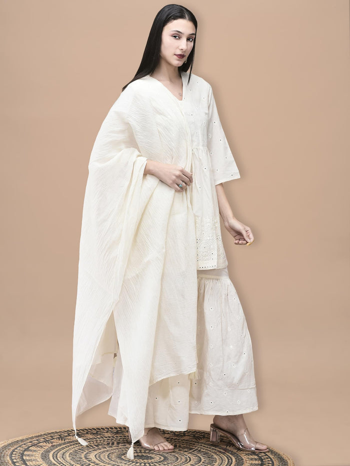 Women Cotton Off White Embroidered Kurta Sharara Dupatta.