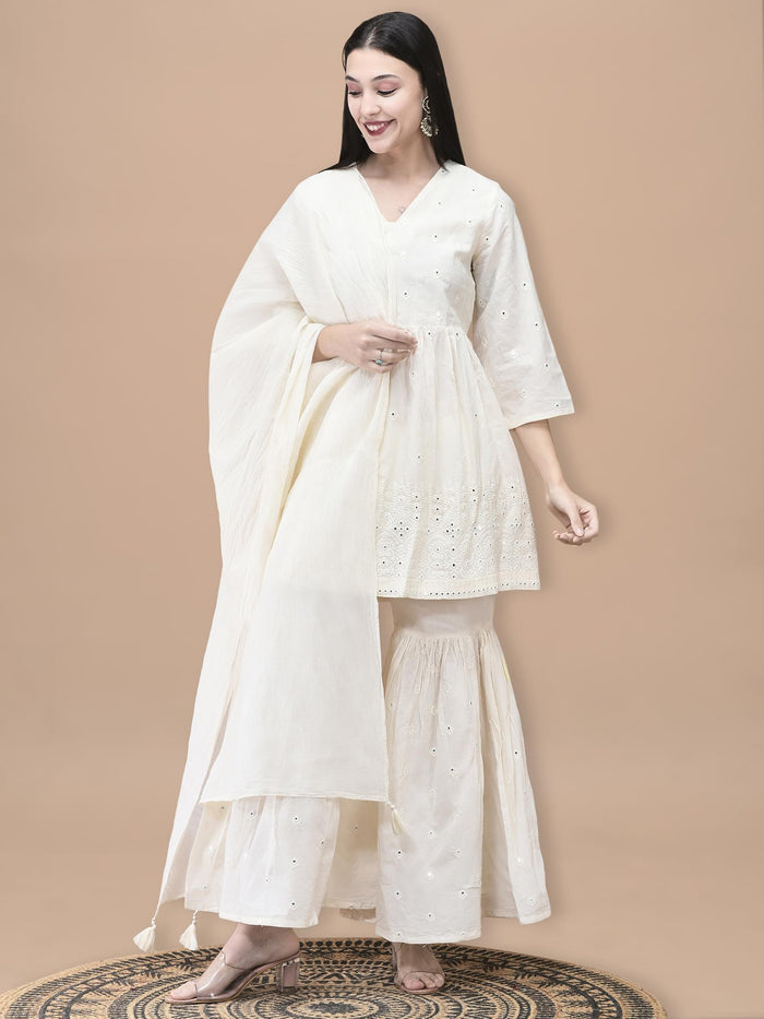 Women Cotton Off White Embroidered Kurta Sharara Dupatta.