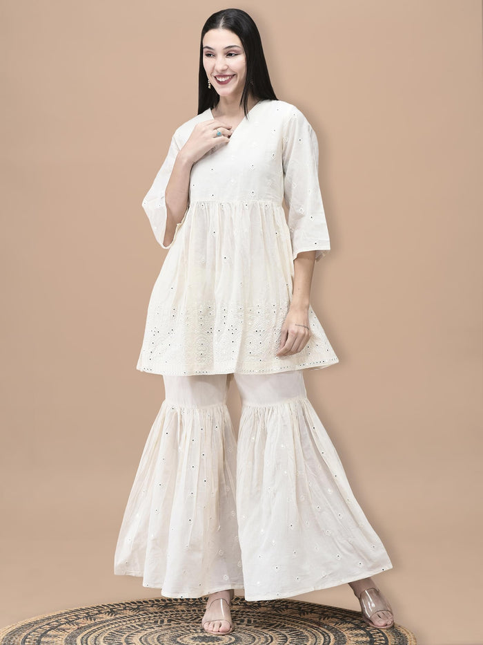 Women Cotton Off White Embroidered Kurta Sharara Dupatta.