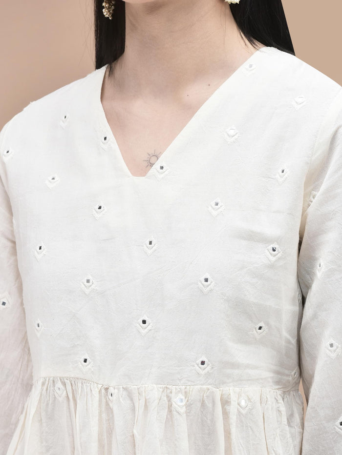 Women Cotton Off White Embroidered Kurta Sharara Dupatta.
