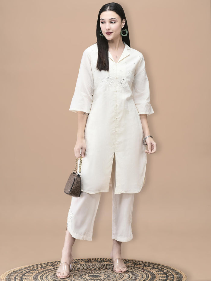 Women Cotton Off White Embroidered Kurta With Comfort Pant.
