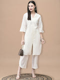 Women Cotton Off White Embroidered Kurta With Comfort Pant.