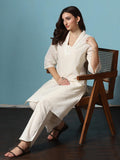 Women Cotton Off White Embroidered Kurta With Comfort Pant.