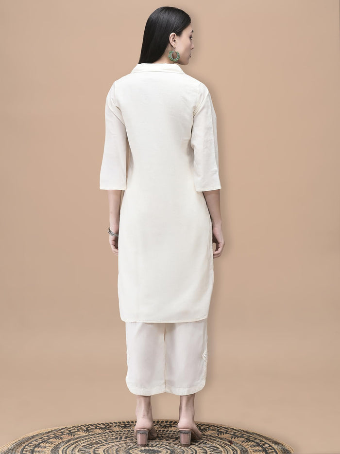 Women Cotton Off White Embroidered Kurta With Comfort Pant.