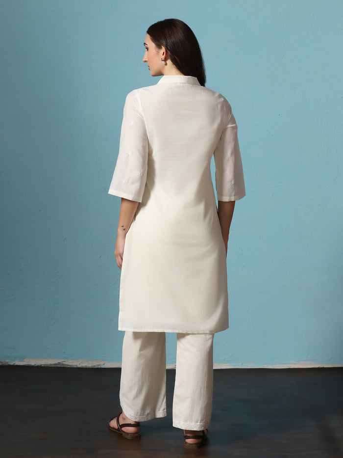 Women Cotton Off White Embroidered Kurta With Comfort Pant.