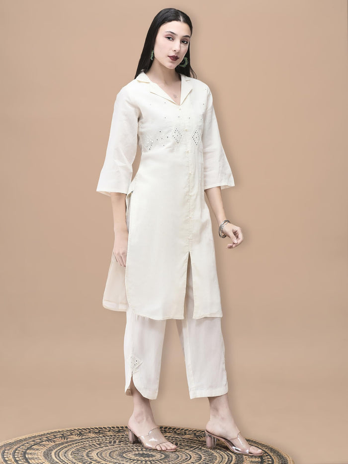 Women Cotton Off White Embroidered Kurta With Comfort Pant.