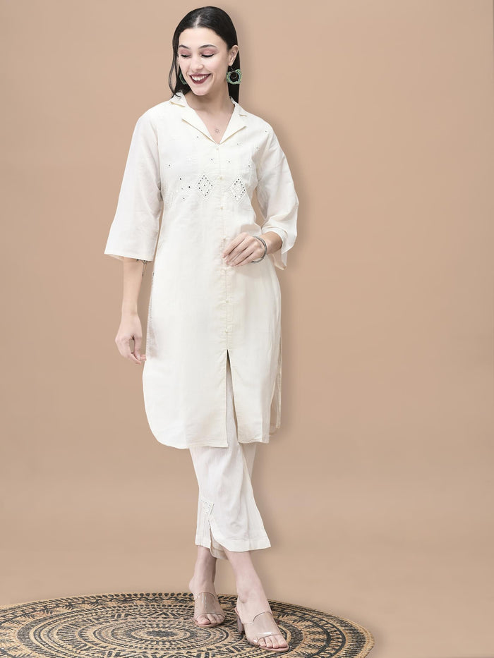 Women Cotton Off White Embroidered Kurta With Comfort Pant.