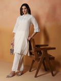 Women Cotton Off White Embroidered Kurta With Comfort With Pant.