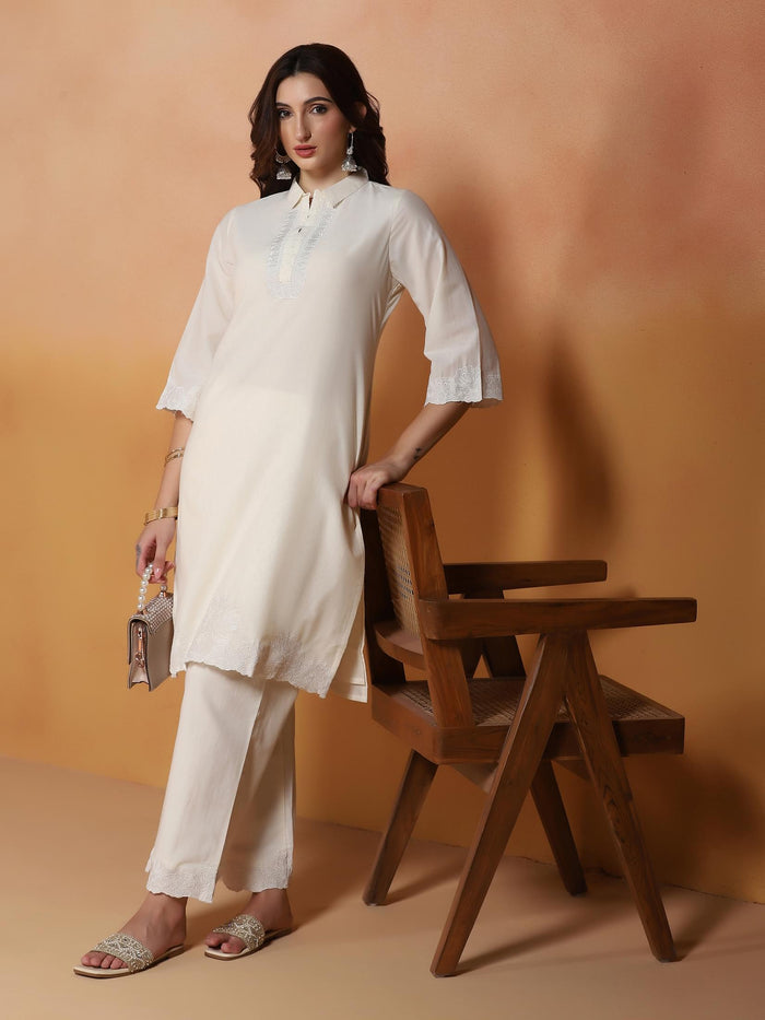 Women Cotton Off White Embroidered Kurta With Comfort With Pant.