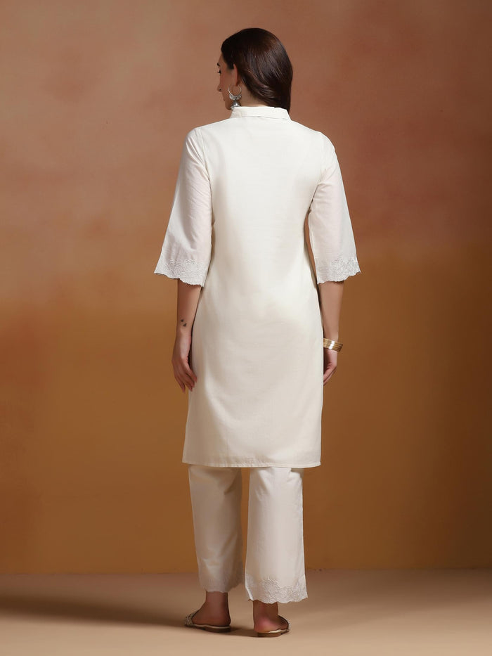 Women Cotton Off White Embroidered Kurta With Comfort With Pant.