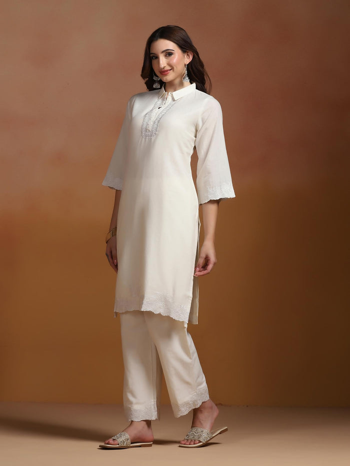 Women Cotton Off White Embroidered Kurta With Comfort With Pant.