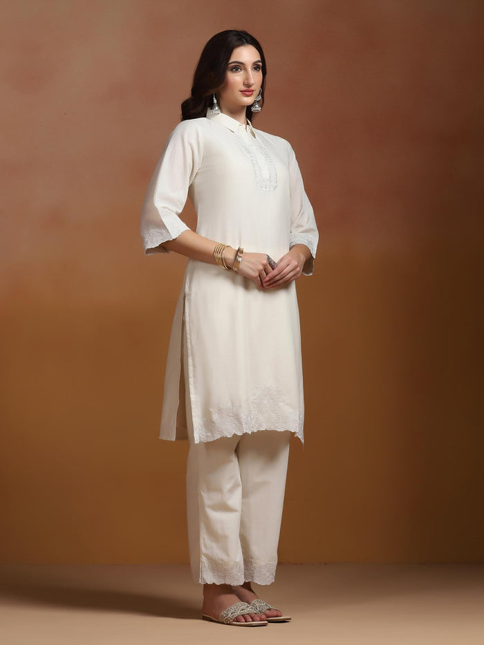 Women Cotton Off White Embroidered Kurta With Comfort With Pant.