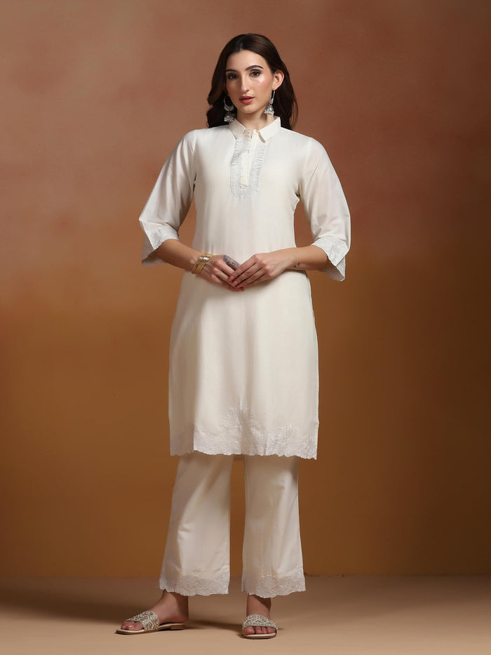 Women Cotton Off White Embroidered Kurta With Comfort With Pant.