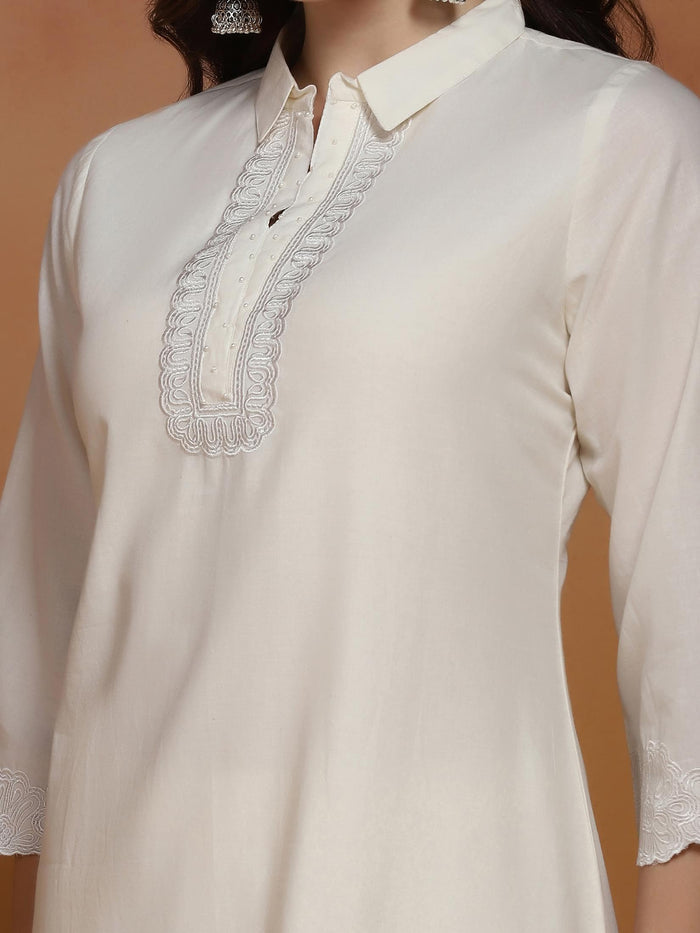 Women Cotton Off White Embroidered Kurta With Comfort With Pant.