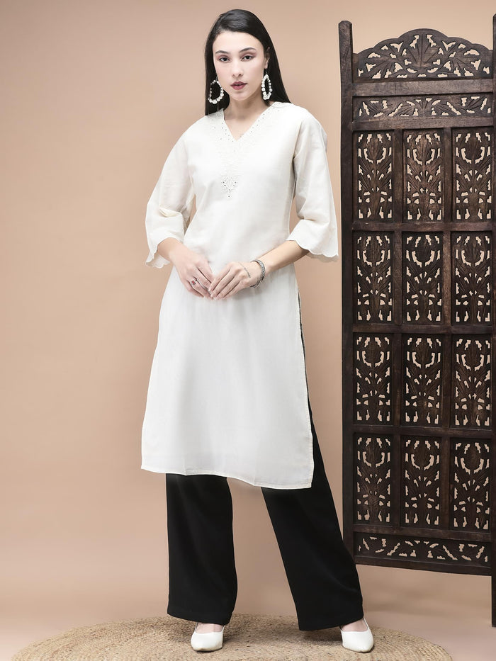 Women Cotton Off White Embroidered Kurta.
