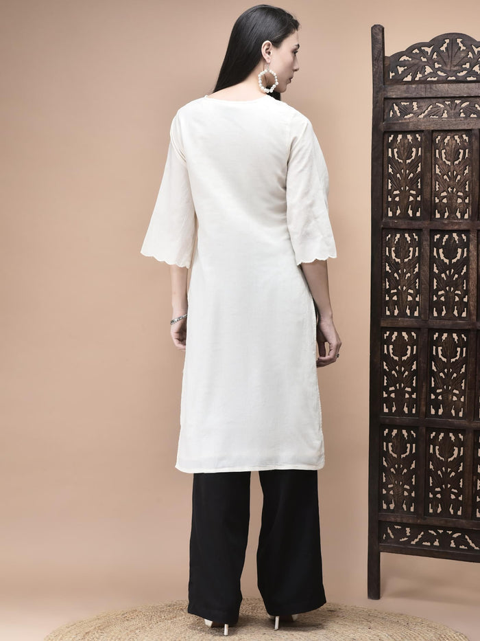 Women Cotton Off White Embroidered Kurta.