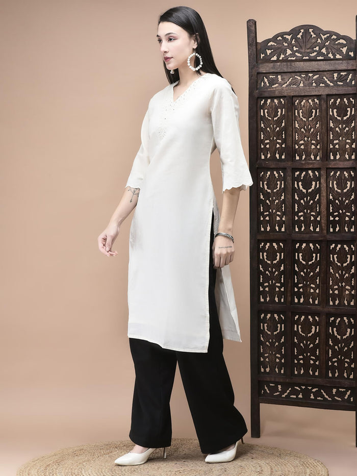 Women Cotton Off White Embroidered Kurta.