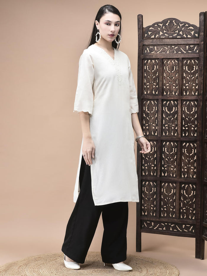 Women Cotton Off White Embroidered Kurta.