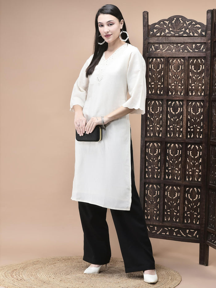Women Cotton Off White Embroidered Kurta.