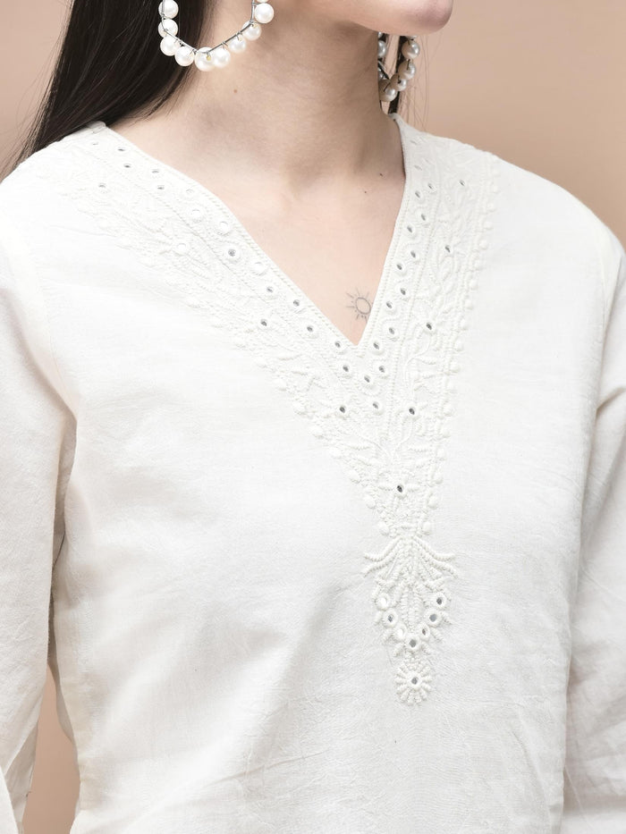 Women Cotton Off White Embroidered Kurta.