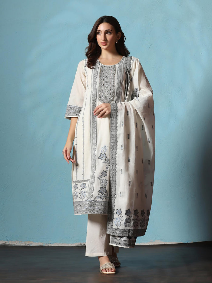 Women Cotton Off White Jacquard Kurta Comfort Pant Dupatta.
