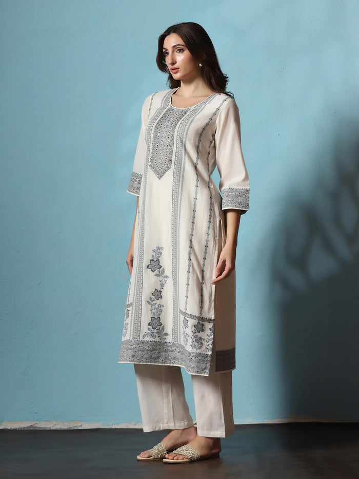 Women Cotton Off White Jacquard Kurta Comfort Pant Dupatta.