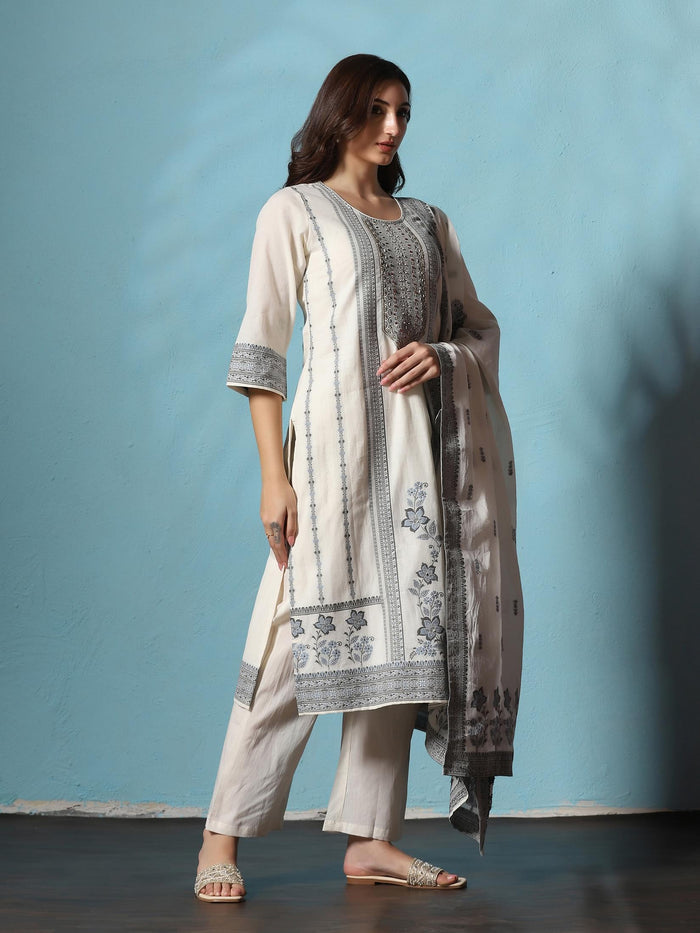 Women Cotton Off White Jacquard Kurta Comfort Pant Dupatta.