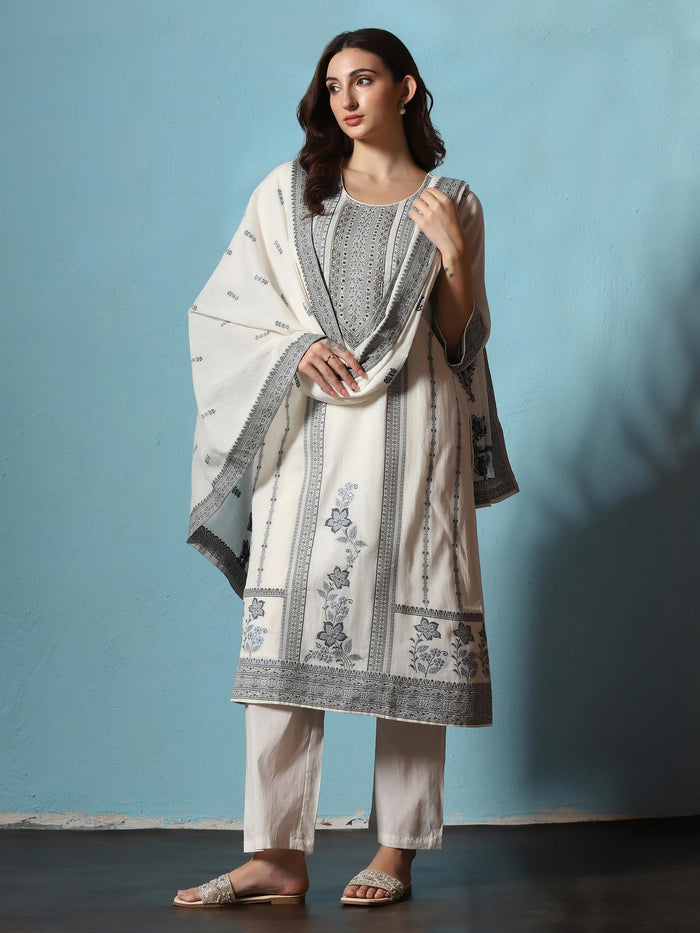 Women Cotton Off White Jacquard Kurta Comfort Pant Dupatta.