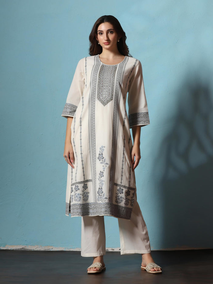 Women Cotton Off White Jacquard Kurta Comfort Pant Dupatta.