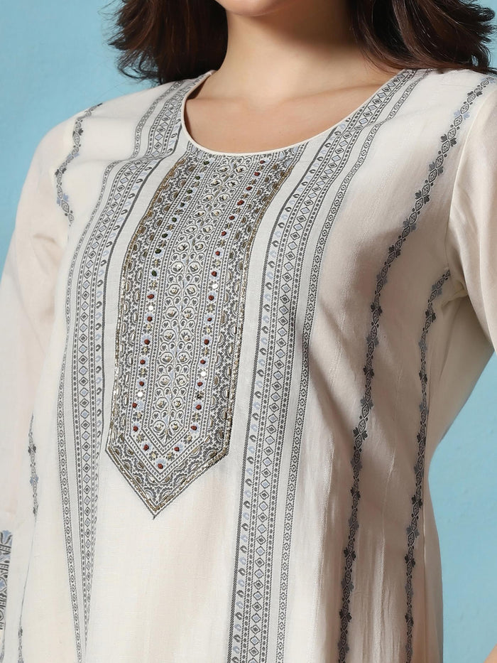 Women Cotton Off White Jacquard Kurta Comfort Pant Dupatta.