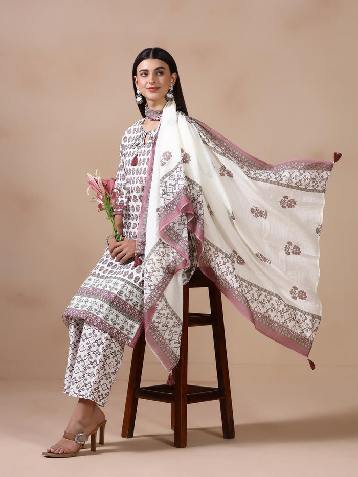 Women Cotton Off White Printed Kurta Comfort Pant Dupatta.