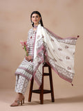 Women Cotton Off White Printed Kurta Comfort Pant Dupatta.