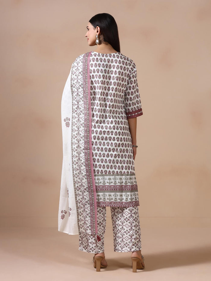 Women Cotton Off White Printed Kurta Comfort Pant Dupatta.