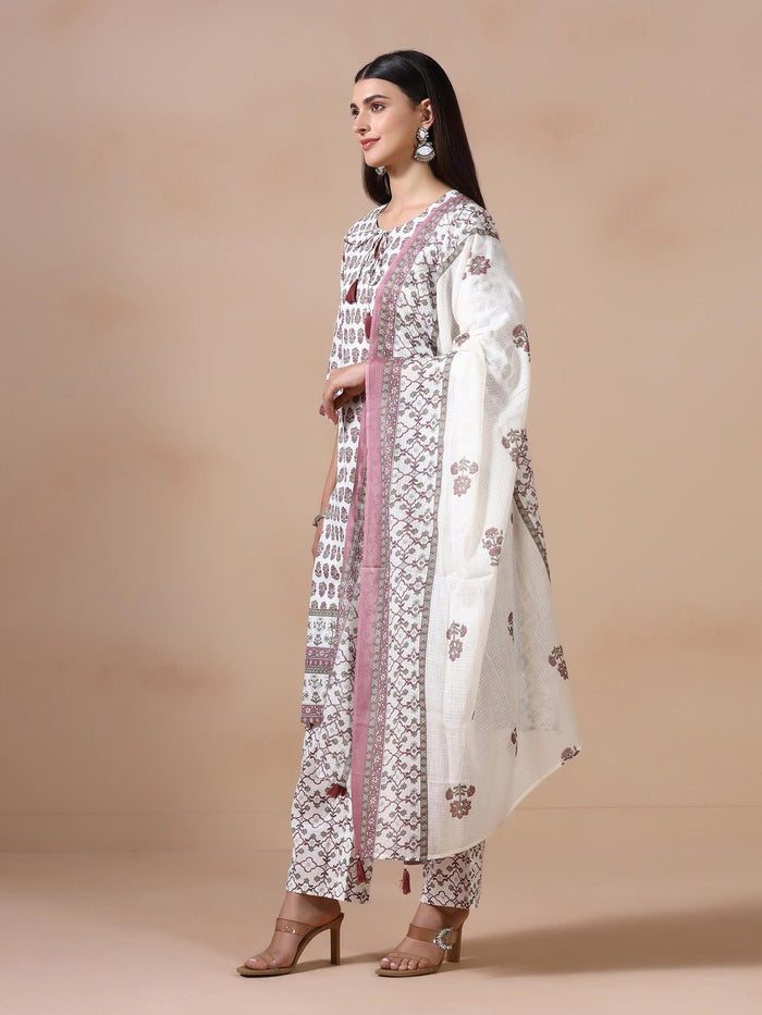 Women Cotton Off White Printed Kurta Comfort Pant Dupatta.