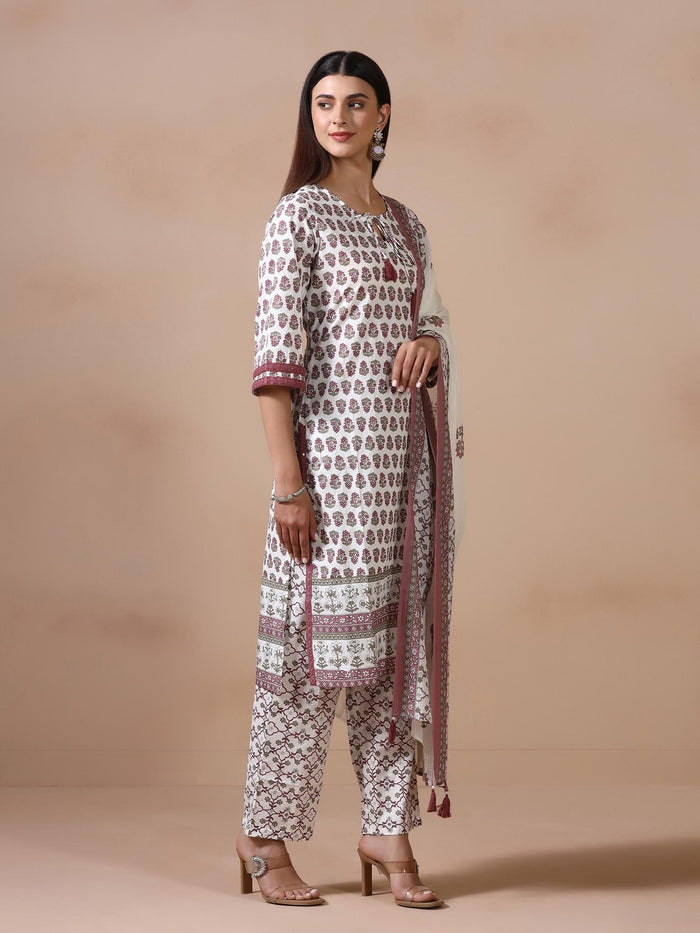 Women Cotton Off White Printed Kurta Comfort Pant Dupatta.