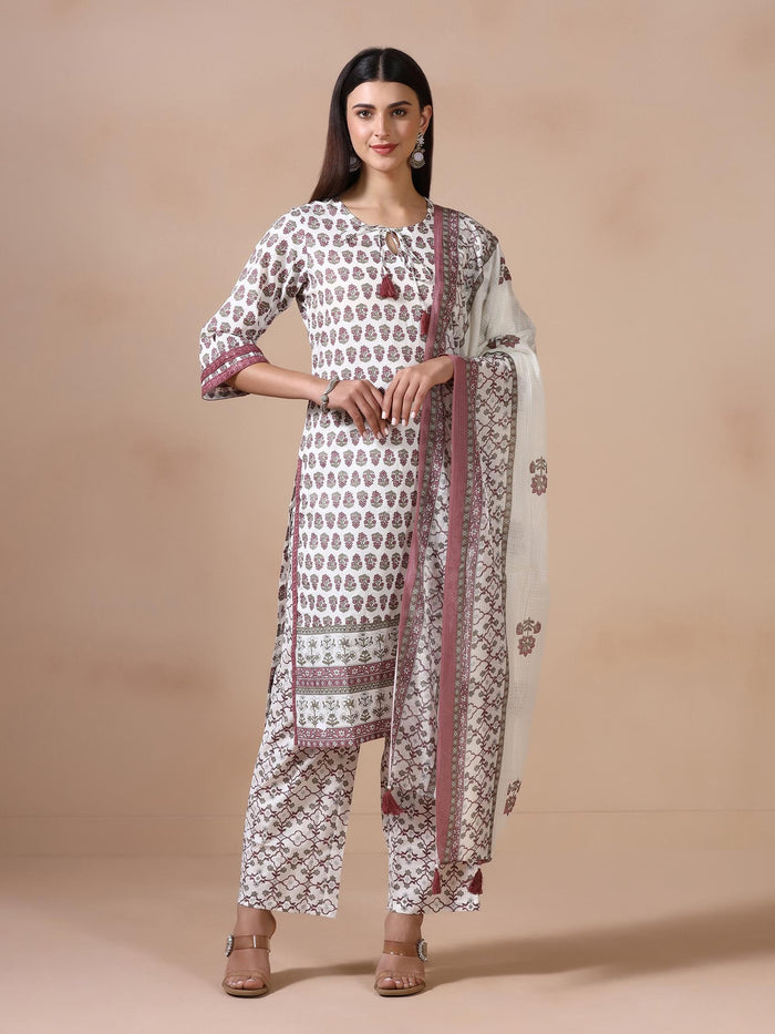 Women Cotton Off White Printed Kurta Comfort Pant Dupatta.