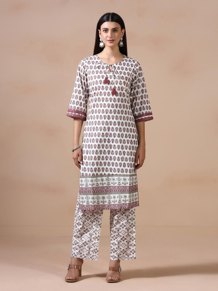 Women Cotton Off White Printed Kurta Comfort Pant Dupatta.