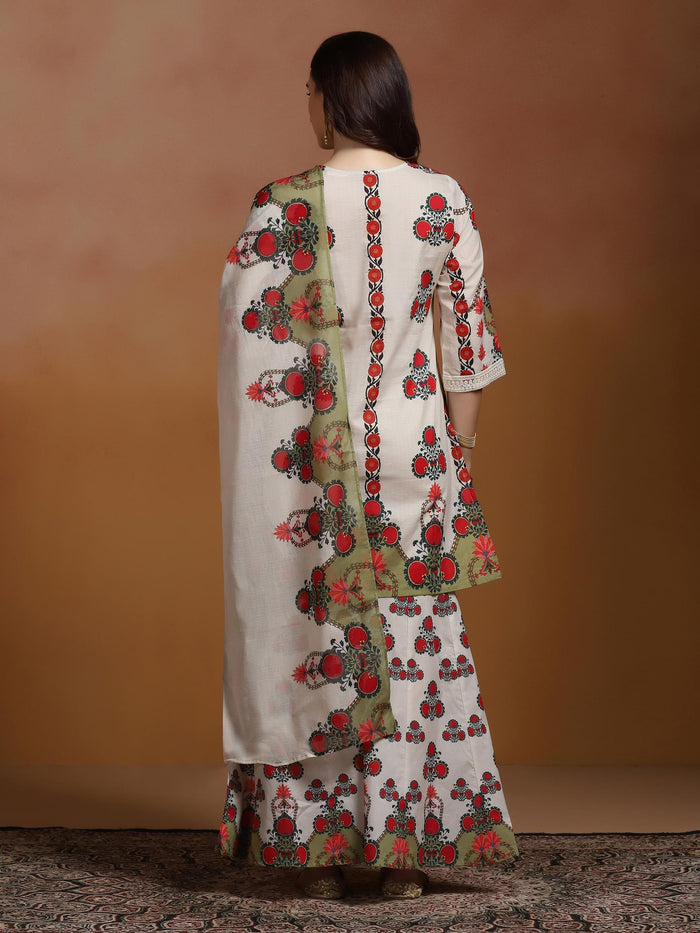 Women Cotton Off White Printed Kurta Sharara Dupatta.