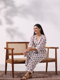 Women Cotton Off White Printed Kurta With Comfort Pant