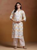 Women Cotton Off White Printed Kurta With Comfort Pant.