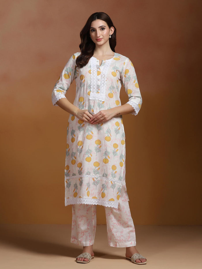 Women Cotton Off White Printed Kurta With Comfort Pant.