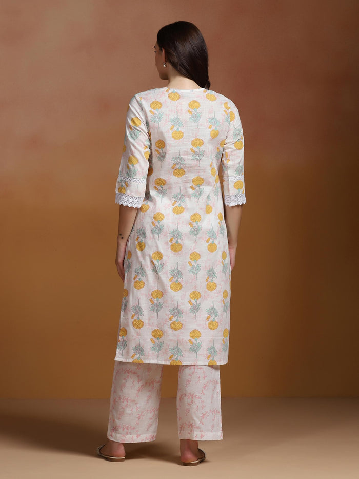 Women Cotton Off White Printed Kurta With Comfort Pant.